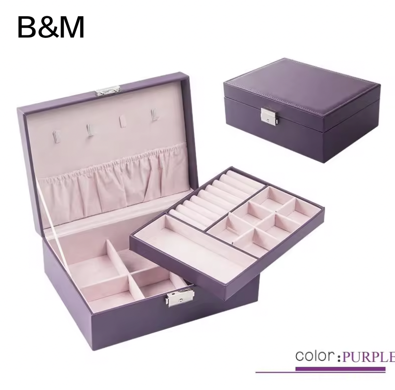 B&M Double Layer Travel Jewelry Wooden Cases With PU Leather 